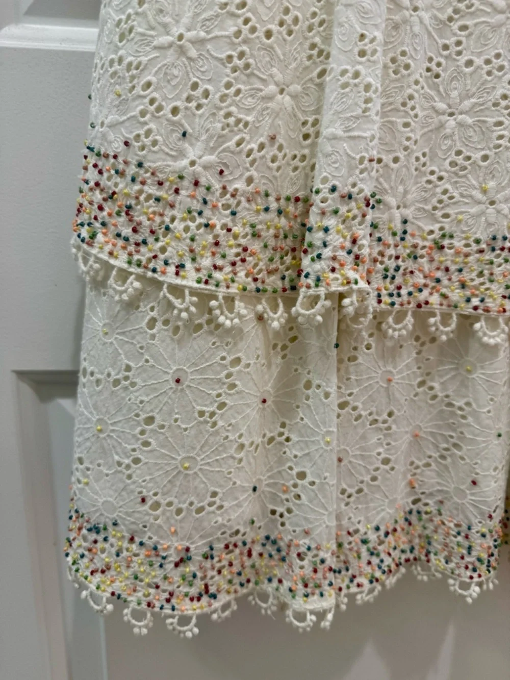 FARM Rio Ivory Eyelet Ruffle V-Neck Dress with Multicolor Beaded Dots - Picture 11 of 16